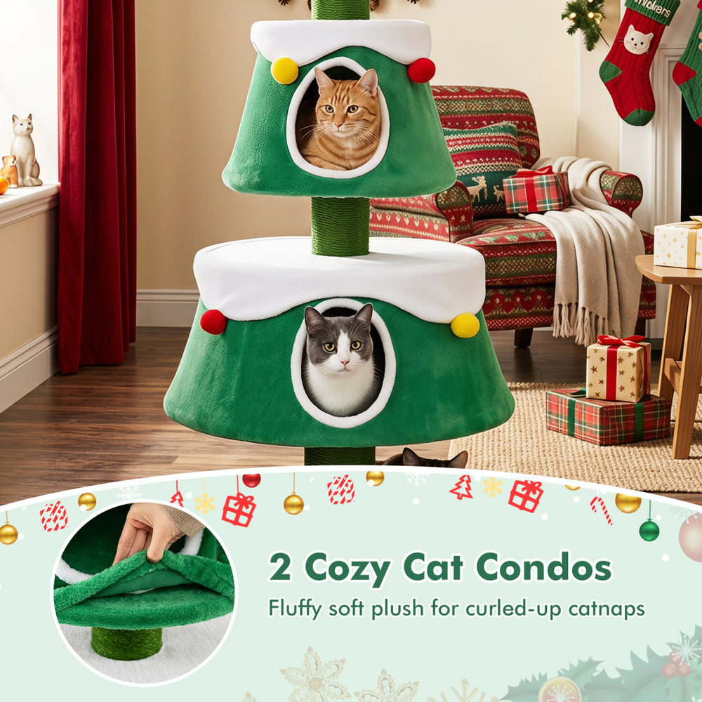 Christmas tree-shaped cat tower with 2 large plush condos and colorful decorations for indoor kittens' play and relaxation.