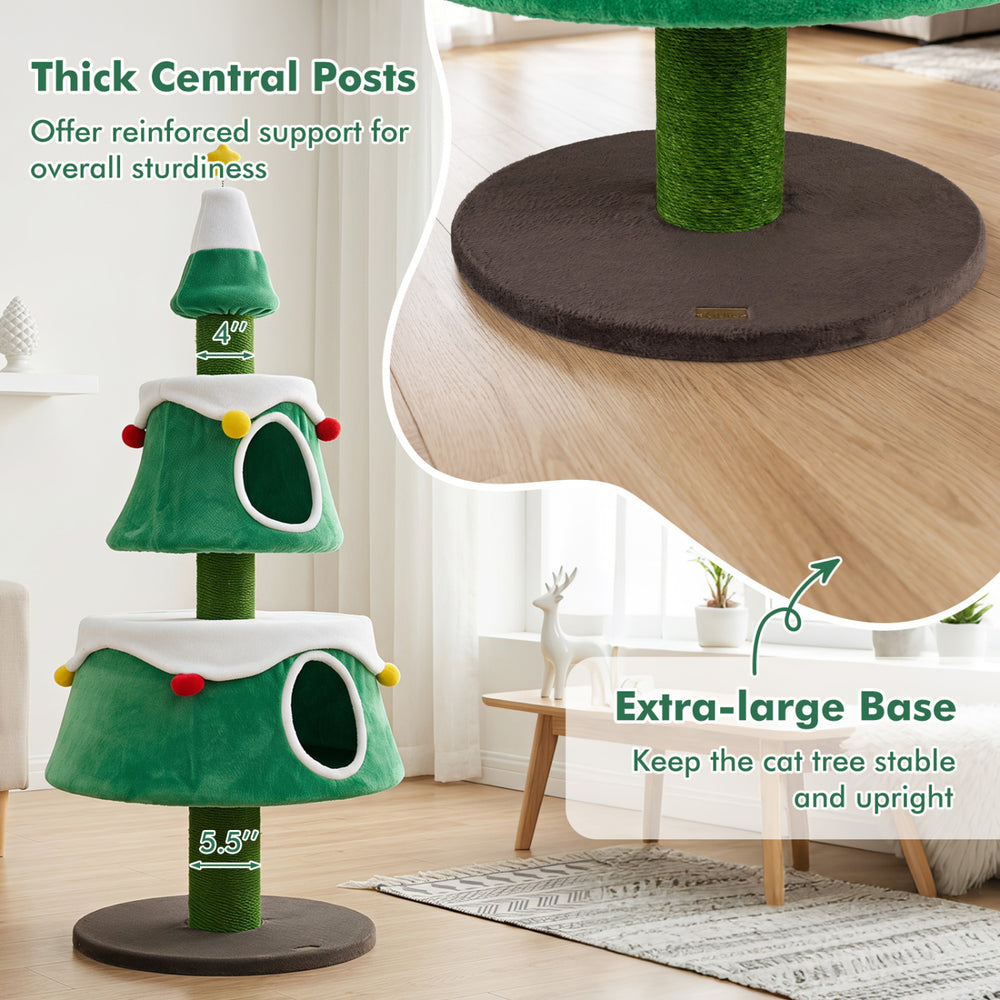 Cat Christmas tree with two large condos, thick central posts, and an extra-large base for stability and fun.