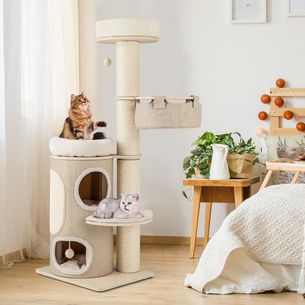 Cat tree with 2-storey condo, top perch, and sisal scratching posts for indoor cats, featuring plush beds and hanging.