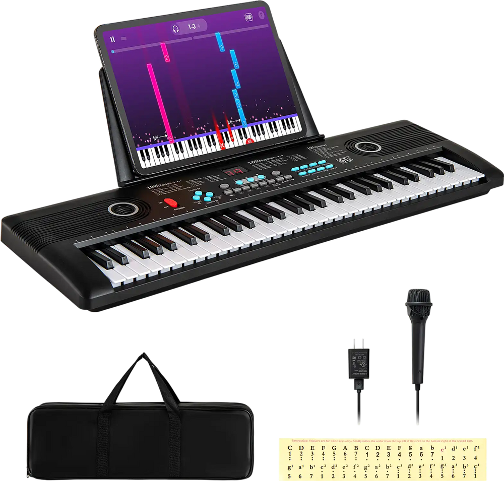 61-key electric portable digital keyboard piano in black with microphone, carry bag, and music stand for beginners.