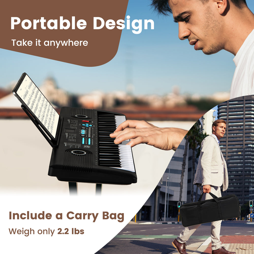 61 key electric portable digital keyboard piano in black, lightweight design, includes carry bag, perfect for beginners.