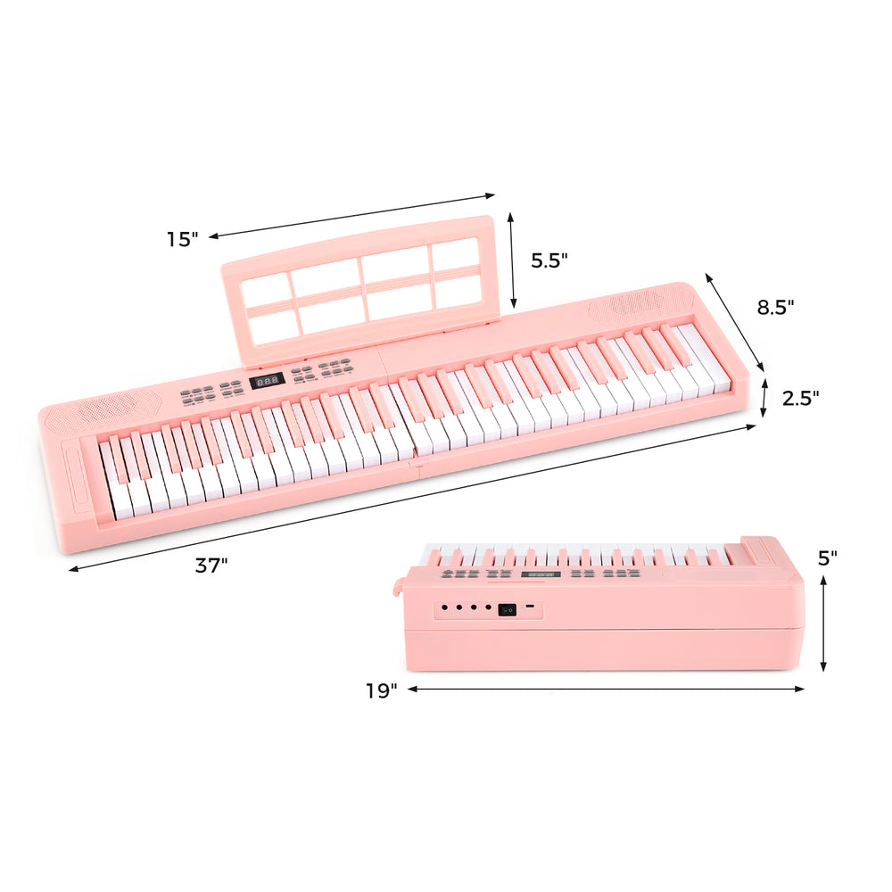 61-key pink foldable piano keyboard with MIDI function, adjustable touch response, and dual keyboard for duet playing.