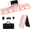 61-key pink foldable piano keyboard with MIDI function, dual keyboard, and wood grain surface for comfortable playing.
