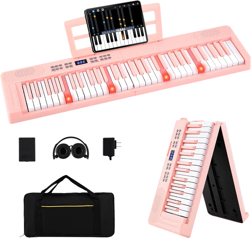 61-key pink foldable piano keyboard with MIDI function, dual keyboard, and wood grain surface for comfortable playing.