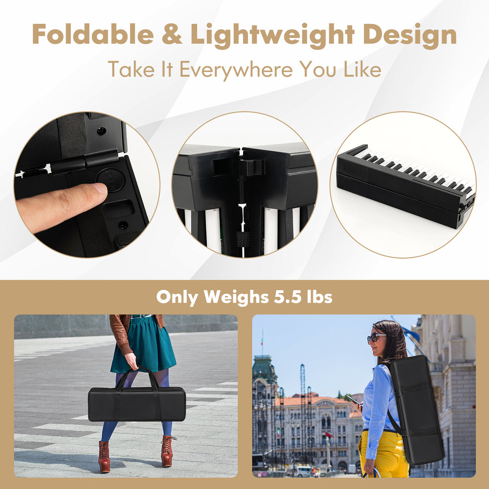 61-key folding piano keyboard in black, featuring a portable design and lightweight build for easy transport and.
