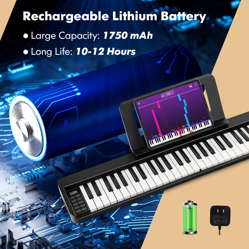 61-key folding piano keyboard with full-size keys, rechargeable 1750 mAh battery, ideal for portable music practice.