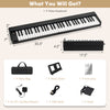 61-key folding piano keyboard with full-size keys, portable design, and included music stand for easy storage and play.