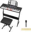 61-key keyboard piano with lighted keys, microphone, stand, and padded stool for beginner musicians.