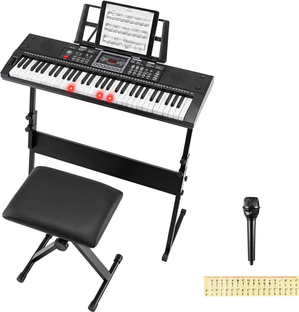 61-key keyboard piano with lighted keys, microphone, stand, and padded stool for beginner musicians.