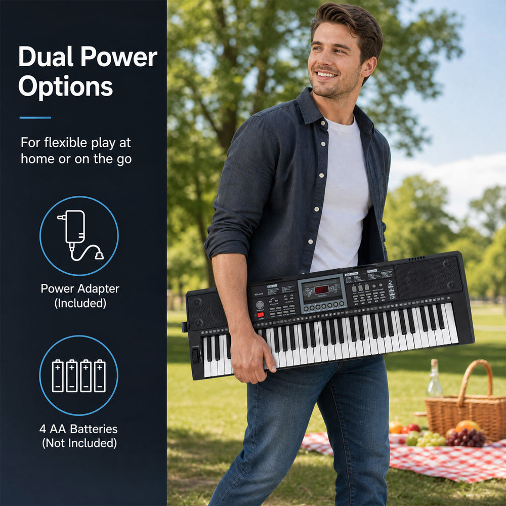 61-key keyboard piano with illuminated keys, power adapter, and microphone for beginners, perfect for home or on-the-go play.