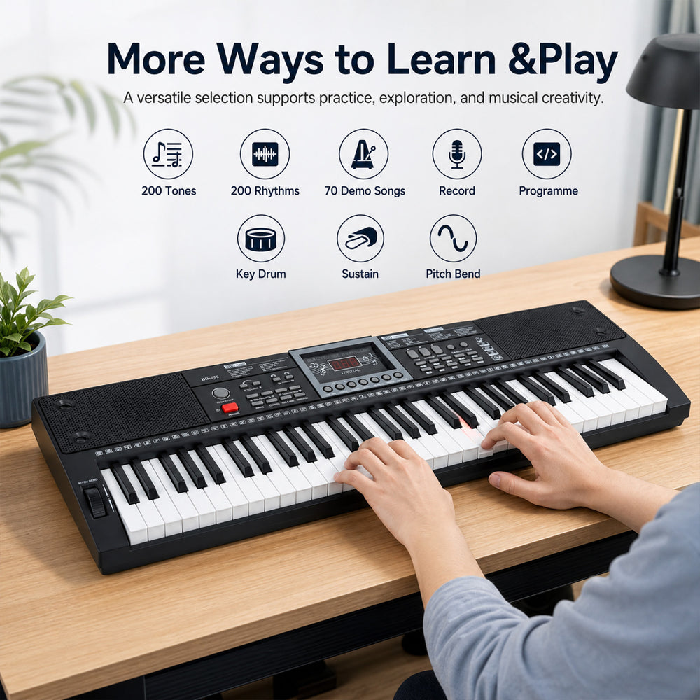 61-key black keyboard piano with lighted keys, 200 tones, and a complete accessory kit for beginner musicians.