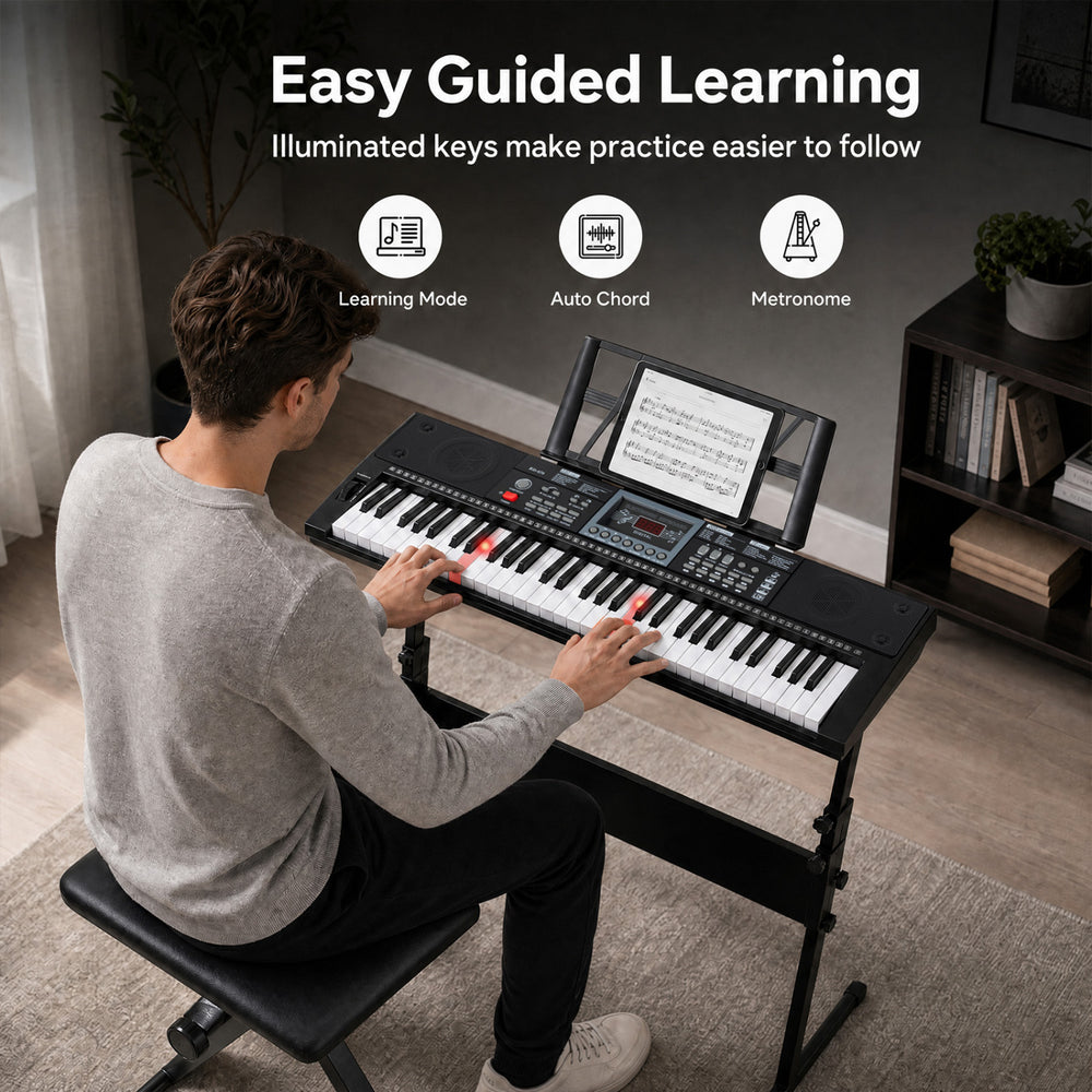 61-key keyboard piano with illuminated keys, stand, and stool, perfect for beginner musicians to enhance their learning experience.