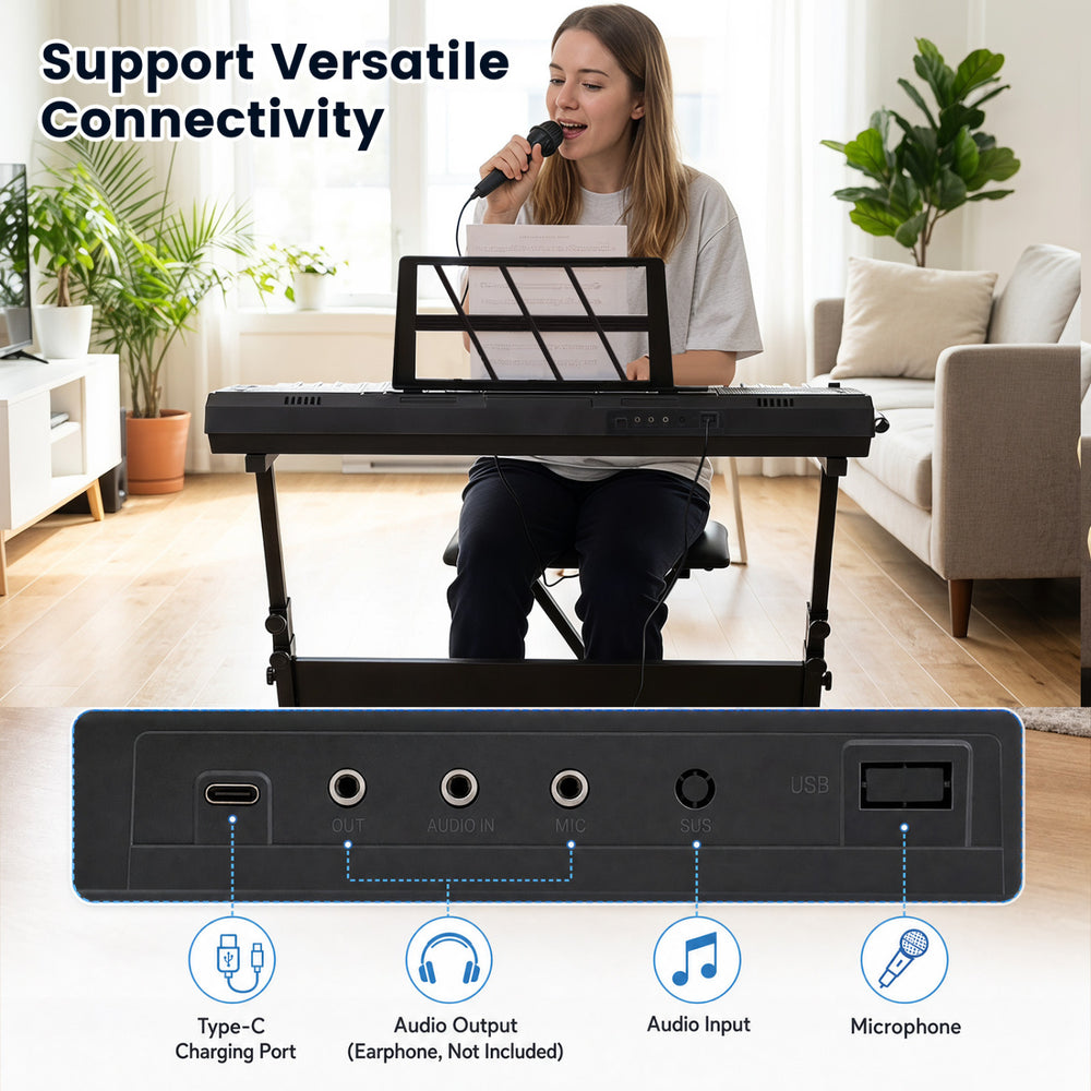61-key keyboard piano with illuminated keys, microphone input, and audio output for versatile connectivity and practice.