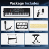 61-key keyboard piano with illuminated keys, microphone, music stand, and padded stool for beginner musicians.