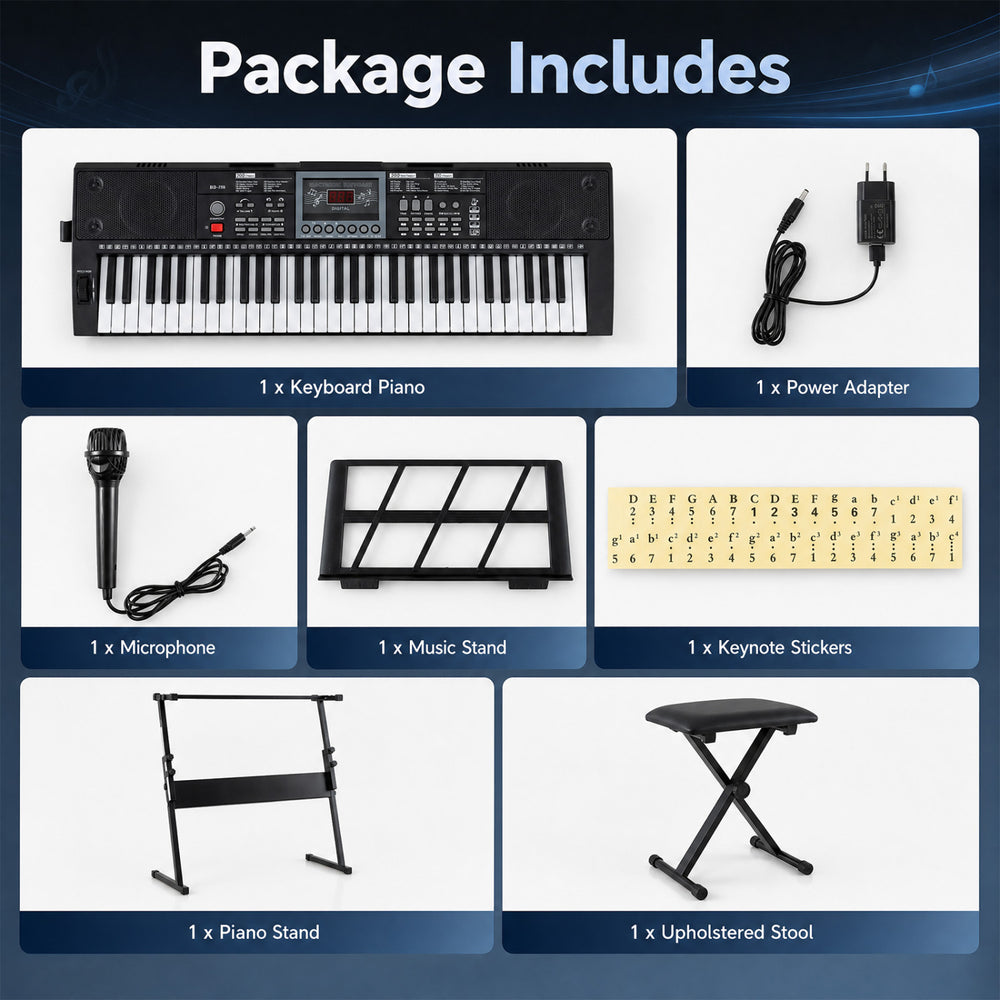 61-key keyboard piano with illuminated keys, microphone, music stand, and padded stool for beginner musicians.