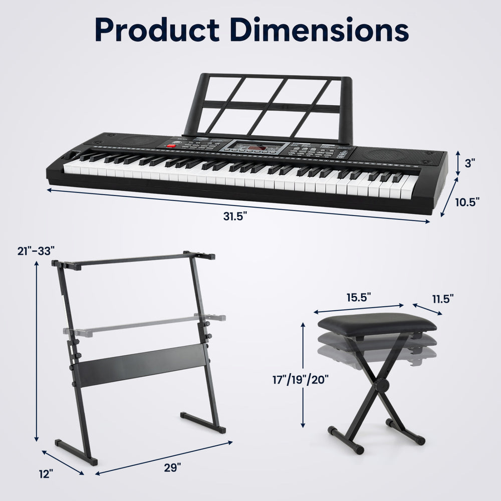 61-key keyboard piano with stand and stool, featuring illuminated keys and adjustable height for beginner musicians.
