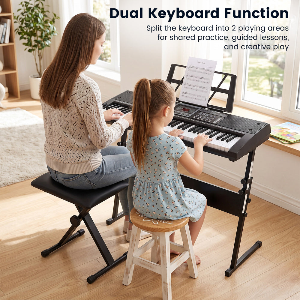 61 key keyboard piano with illuminated keys, dual keyboard function, and padded stool for beginner music practice.