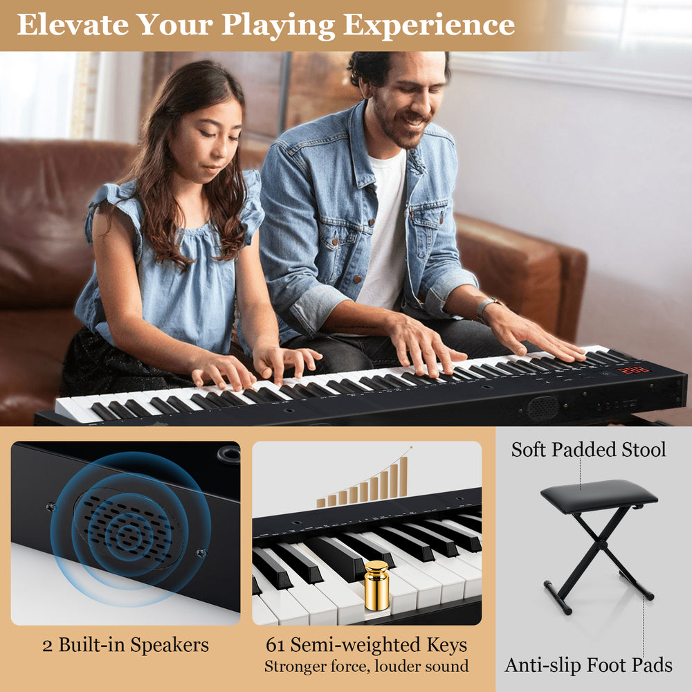 61-key portable electronic keyboard piano set with stand and stool, featuring built-in speakers and semi-weighted keys.