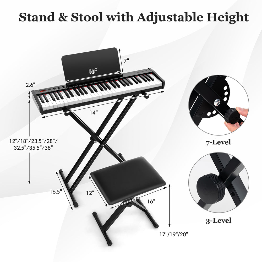 61-key portable electronic keyboard set with adjustable stand and padded stool for comfortable playing experience.