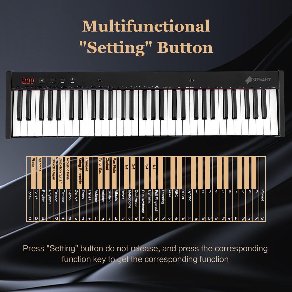 61-key portable electronic keyboard with multifunctional setting button, ideal for learning and music creation.