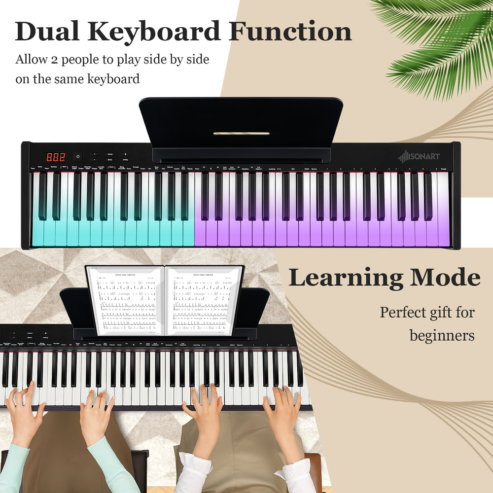 Dual keyboard function of the 61-key electronic keyboard, ideal for duet play and learning with adjustable stand and.