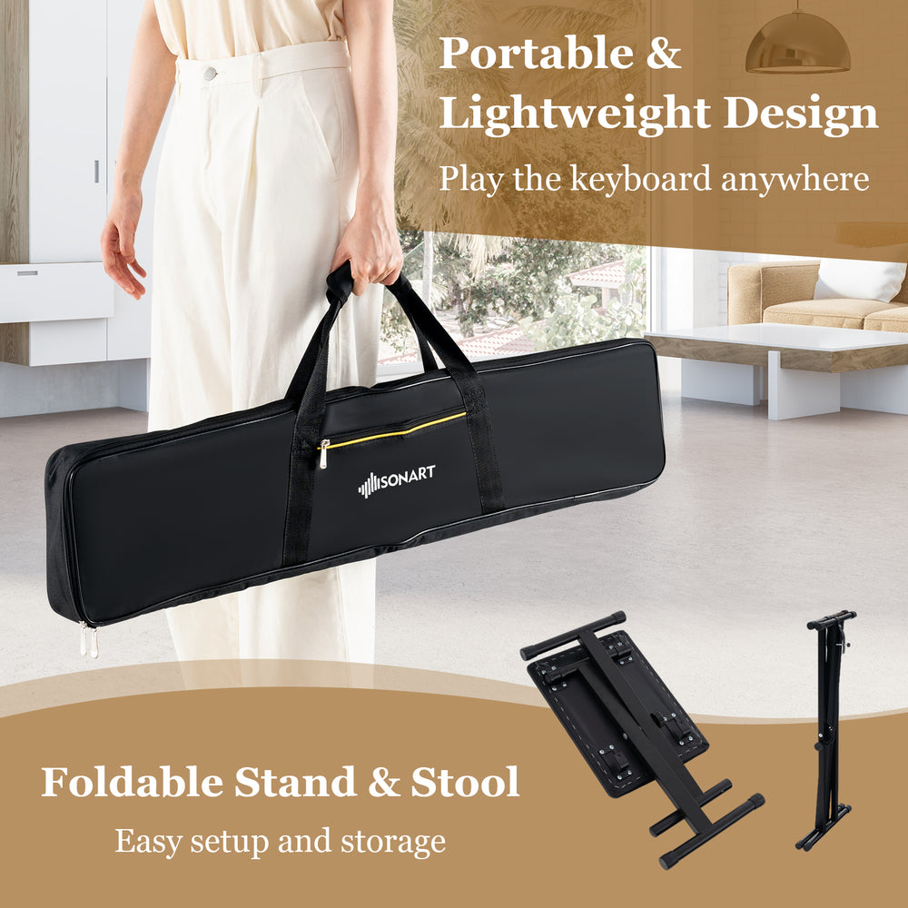 Portable carrying bag for 61-key electronic keyboard piano set, featuring lightweight design for easy transport and.