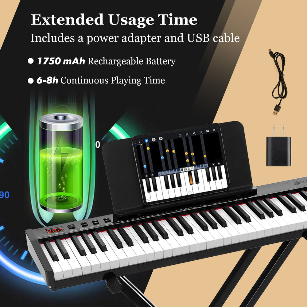 61-key portable electronic keyboard piano with power adapter, USB cable, and extended 6-8 hours usage time for practice.