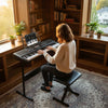 61-key electric keyboard kit with adjustable stand and stool, perfect for beginners in a cozy home setting.