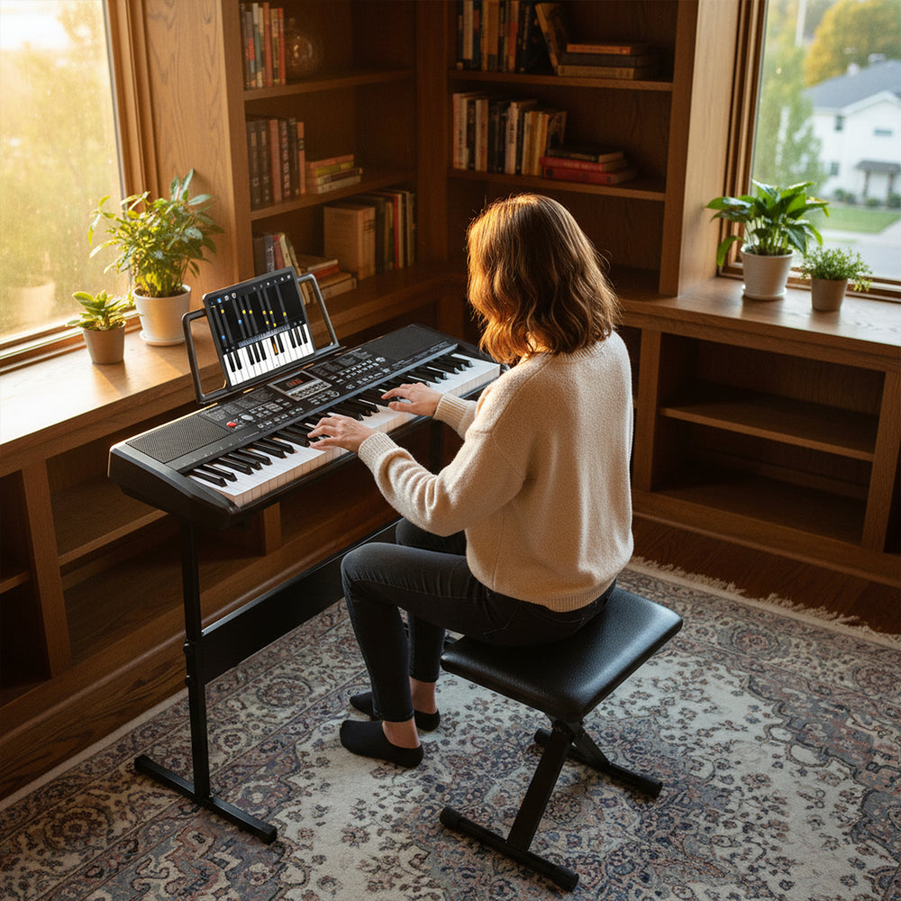 61-key electric keyboard kit with adjustable stand and stool, perfect for beginners in a cozy home setting.