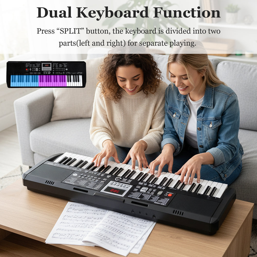 61-key electric keyboard with dual keyboard function, adjustable stand, and stool for beginner musicians.
