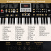 Control panel of a 61-key electric keyboard, showcasing buttons for power, volume, tempo, and connections for audio.