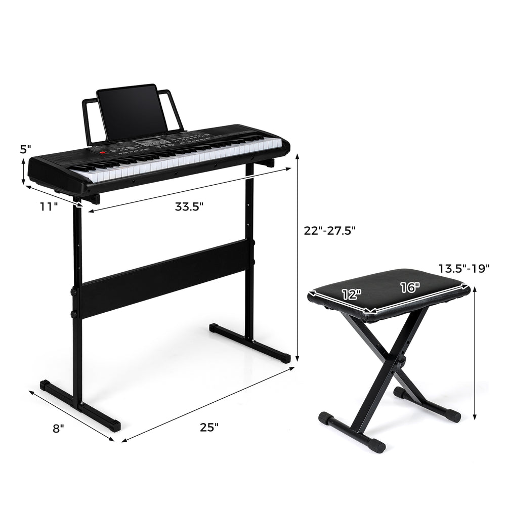 61-key electric keyboard kit with adjustable stand and stool, perfect for beginners, featuring dual voices and teaching.