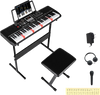 61-key electric keyboard kit with adjustable stand, stool, headphones, and microphone for beginner musicians.