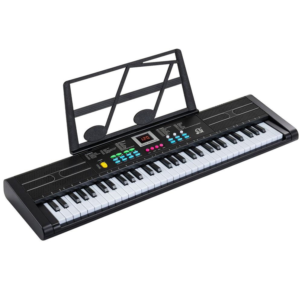 61-key kids piano keyboard in black with microphone and music stand, designed for interactive musical play and learning.