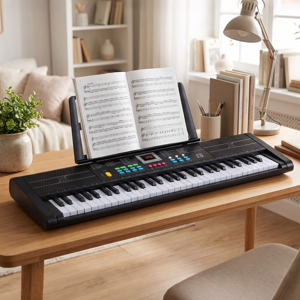 61-key black kids piano keyboard with microphone and music stand, designed for interactive learning and safe use.