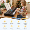 61-key kids piano keyboard in black with microphone, music stand, adjustable tempo, and 100 rhythms for interactive play.