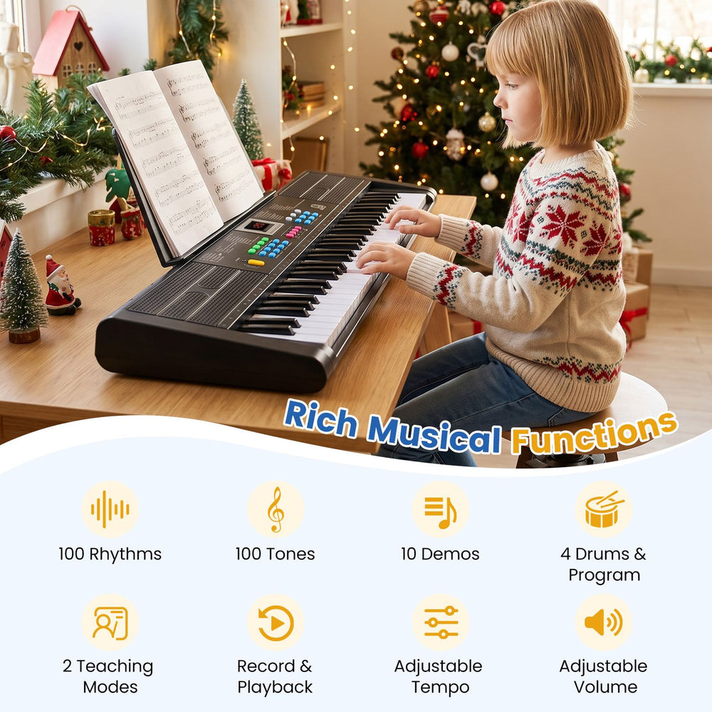 61-key kids piano keyboard in black with microphone, music stand, adjustable tempo, and 100 rhythms for interactive play.