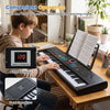 61-key black piano keyboard with microphone and music stand, featuring dual speakers and a clear display for kids' learning.