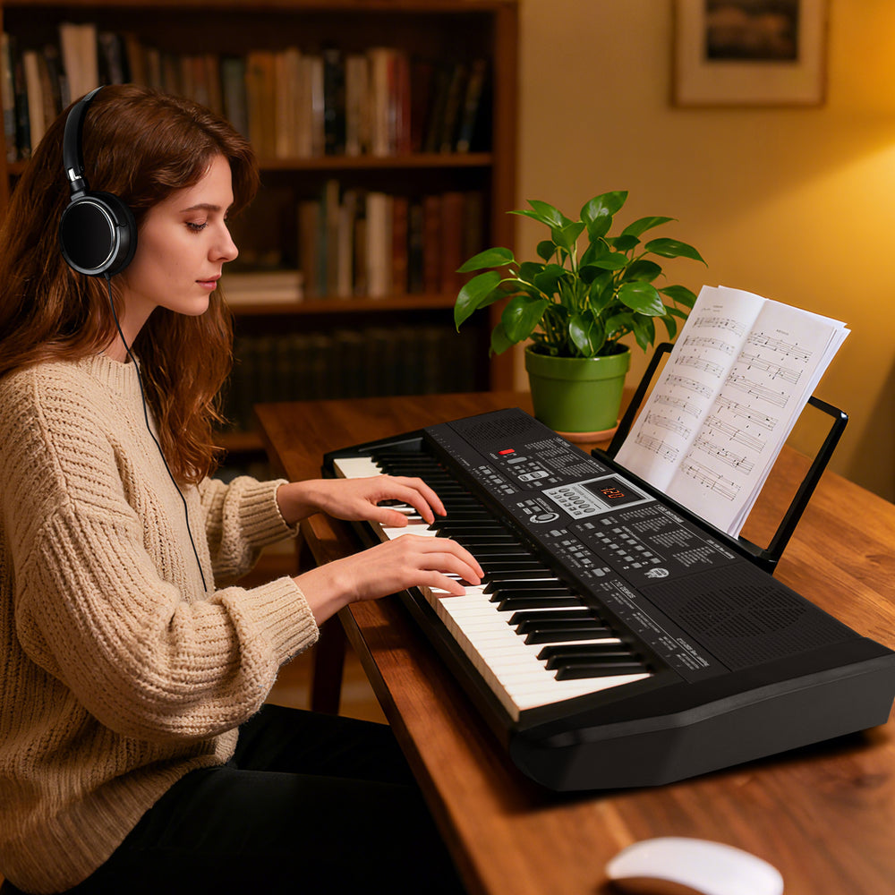 61-key portable electric piano keyboard in black, featuring teaching mode and wood grain texture, ideal for beginners.