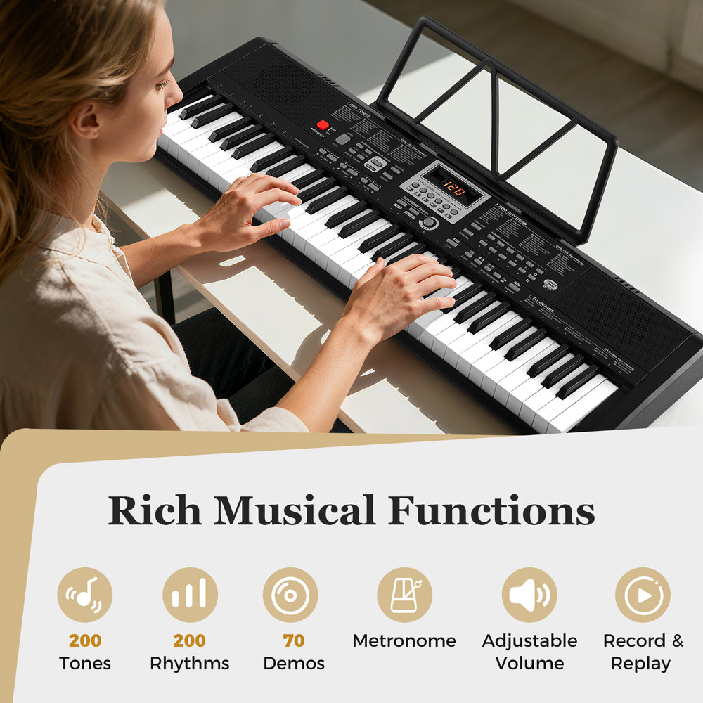 61-key portable electric piano keyboard in black, featuring 200 rhythms and tones, ideal for beginner musicians.