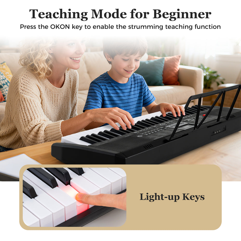 Teaching mode on a 61-key portable keyboard with light-up keys, ideal for beginners learning music.