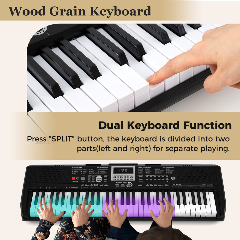 Close-up of the 61 keys portable keyboard with wood grain finish, featuring dual keyboard function for beginners.
