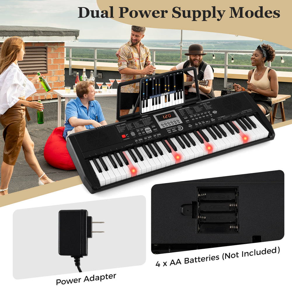 61-key portable keyboard in black with dual power supply, ideal for beginners, featuring 200 rhythms and tones.