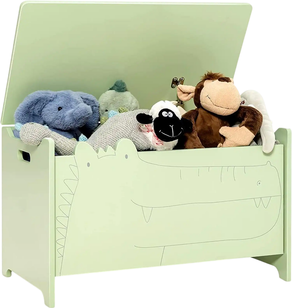 Green wooden kids toy box in a crocodile shape, featuring a safety hinge and handles for easy movement and storage.