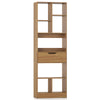 Tall freestanding bookcase with 8 open cubes and a drawer in natural finish, ideal for organized storage in any room.
