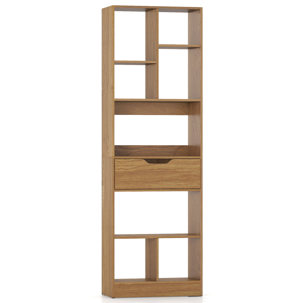 Tall freestanding bookcase with 8 open cubes and a drawer in natural finish, ideal for organized storage in any room.