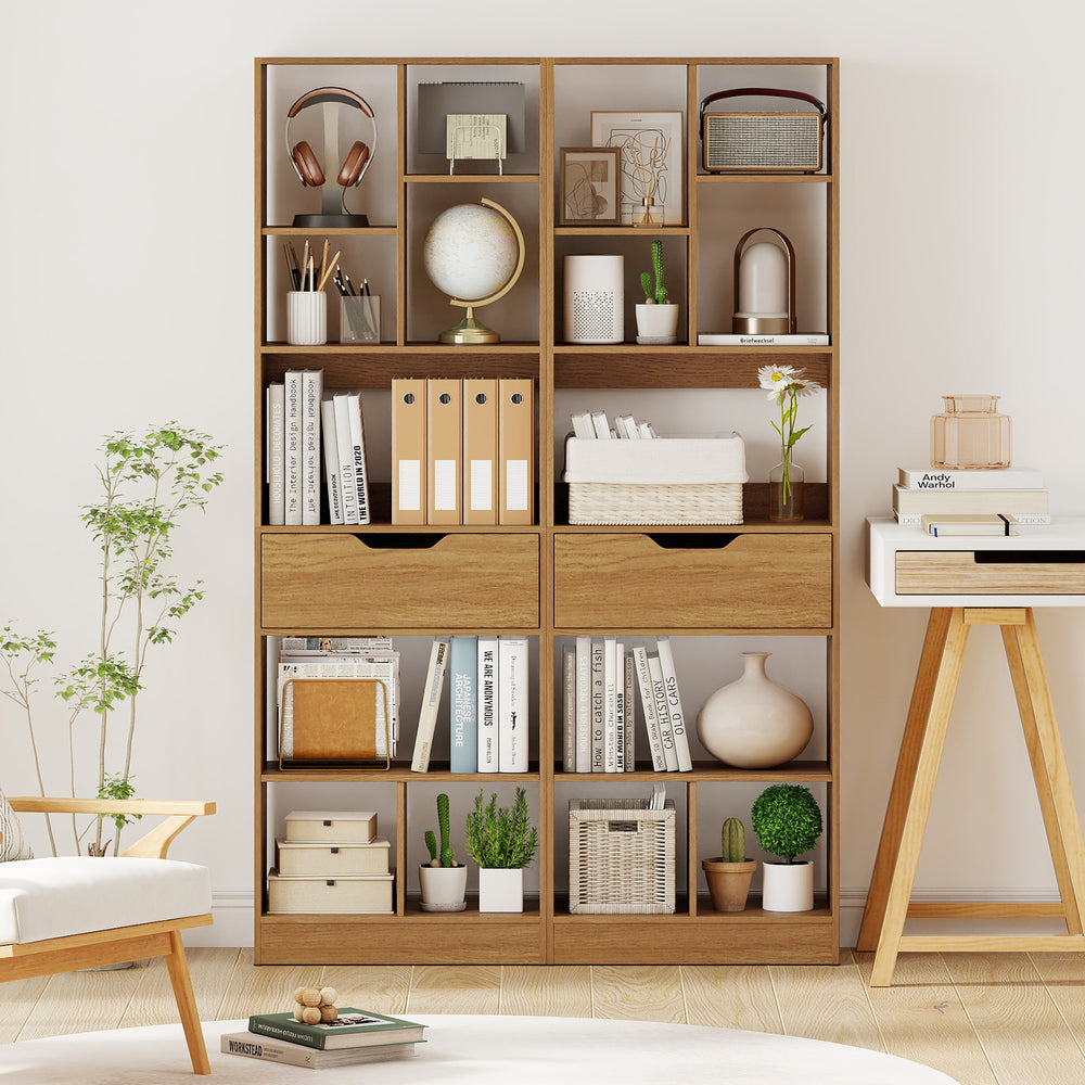 Tall freestanding bookcase with 8 open cubes and a drawer, featuring a natural finish for stylish storage solutions.