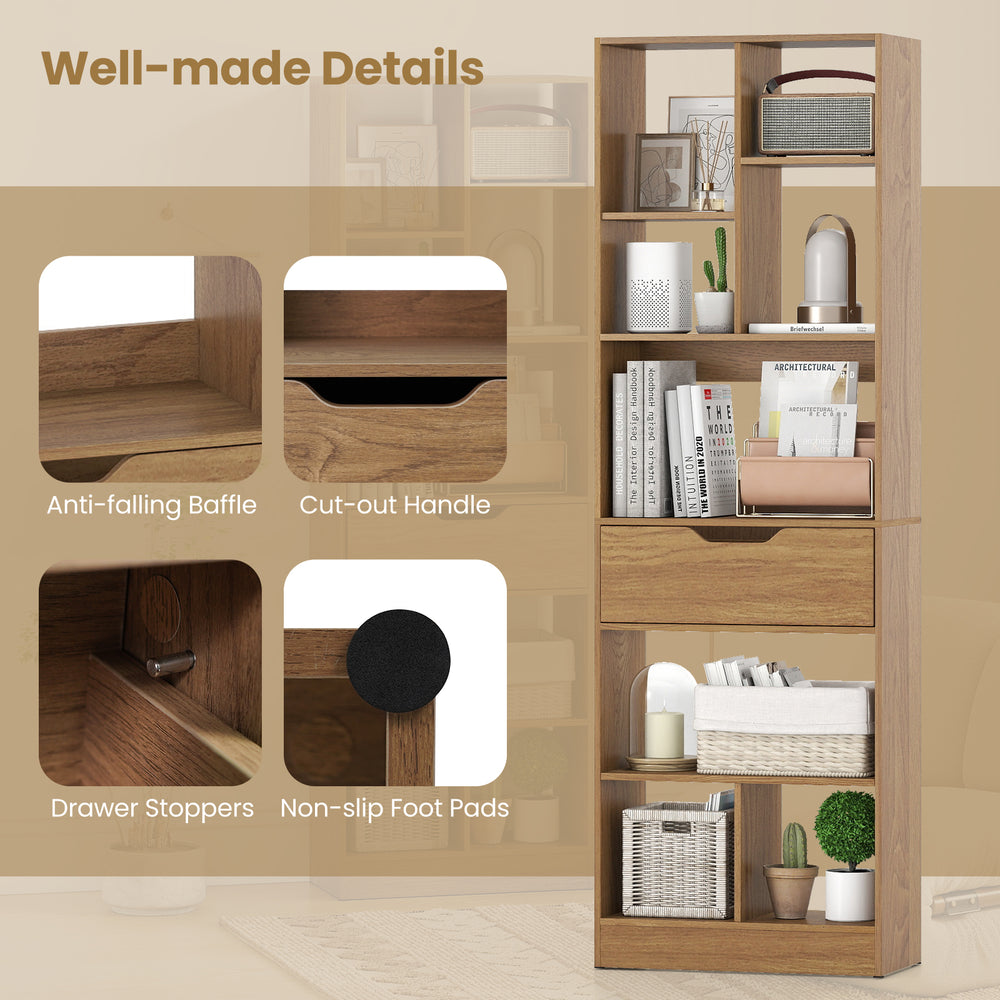 Close-up of the natural wood texture and cut-out handle on the drawer of the 61-inch tall freestanding bookcase.