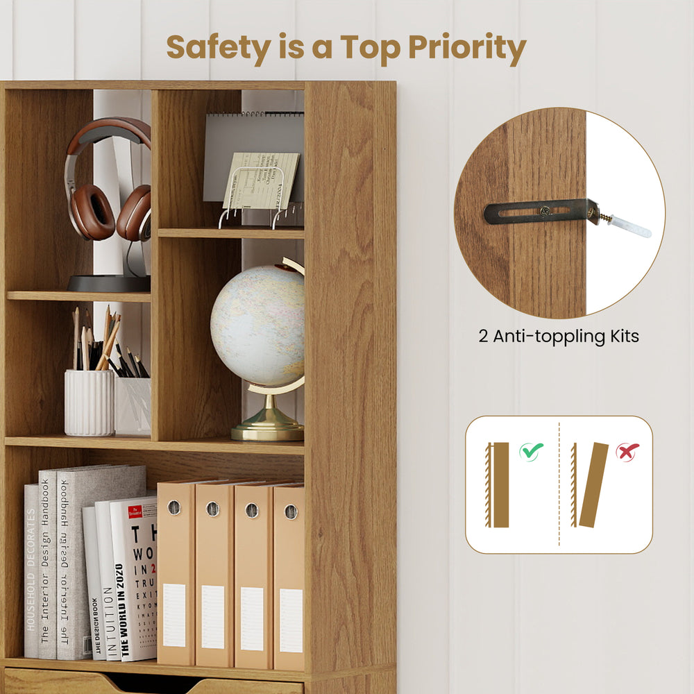Tall freestanding bookcase with 8 open cubes and a large drawer, featuring 2 anti-tipping kits for safety and stability.