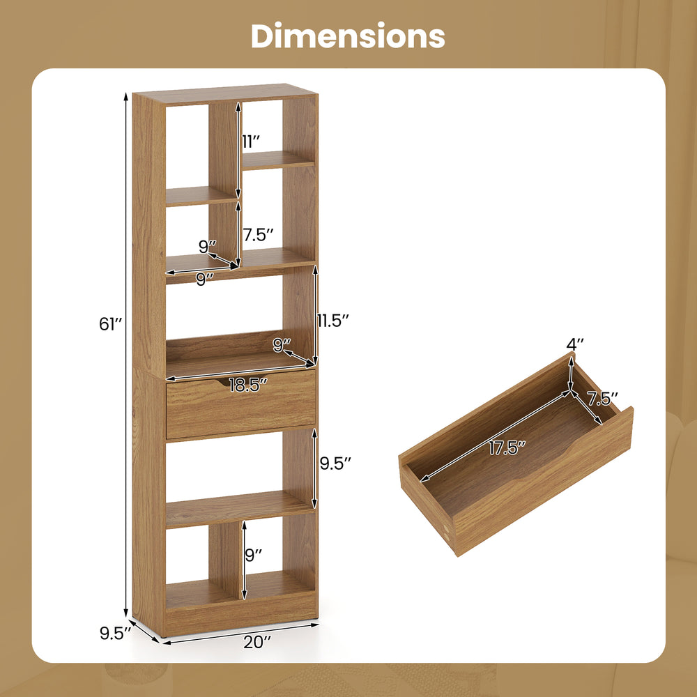 Tall freestanding bookcase with 8 open cubes and a large drawer, perfect for organized storage in any room.